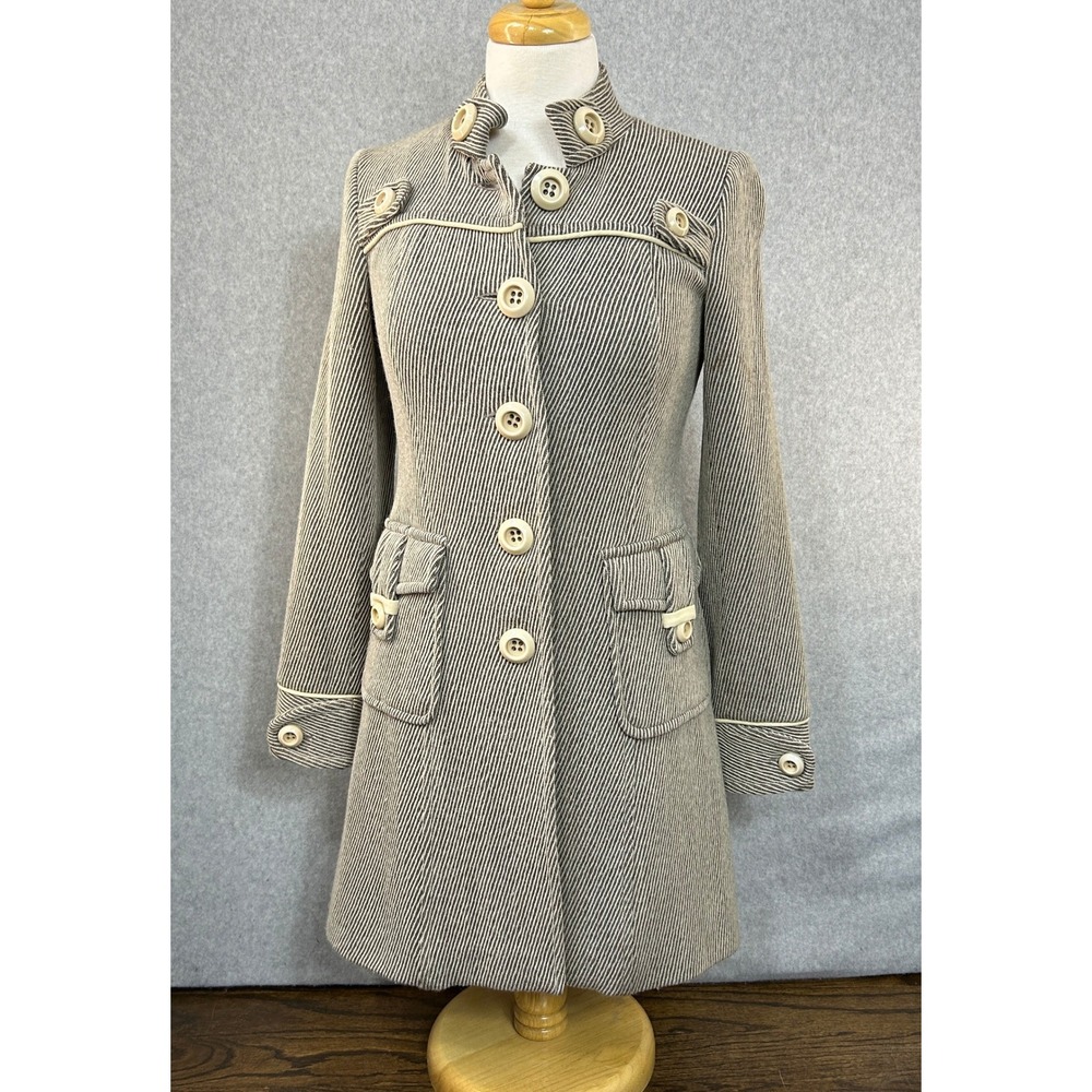 Liquid Womens Size‎ 4 Brown Striped 100% Wool Button Front Coat Jacket Military